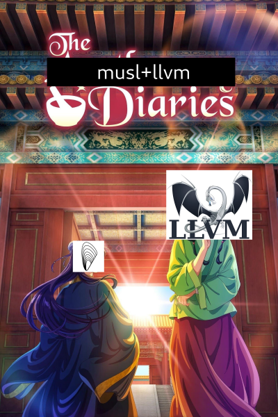 krita-shopped poster for “The Apothecary Diaries”, but the title says “The musl+llvm Diaries”. Jinshi’s face is
replaced with the musl logo while Maomao’s is replaced with the LLVM logo.